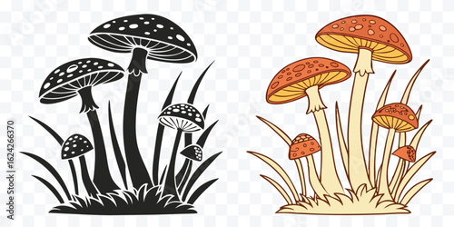 Whimsical Mushroom Vector Art in Black and White and Color Depicting Fungi in Grassy Scene