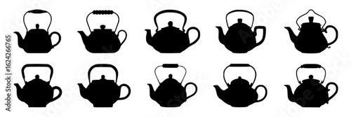 Teapot silhouette collection. Vector illustration set of ten black and white tea kettle icons isolated on white. Kitchenware design elements for cafe, restaurant, tea shop branding.