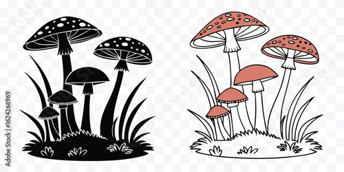Charming Mushroom Groupings in Contrasting Styles Whimsical Forest Illustrations for Design and Creative Projects Exploring Fungi Diversity