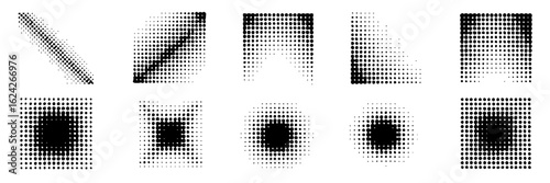 Halftone dot pattern collection - squares, triangles, lines. Black and white monochrome dotted geometric shapes, stippled gradient effect. Vector illustration design element set for backgrounds, textu