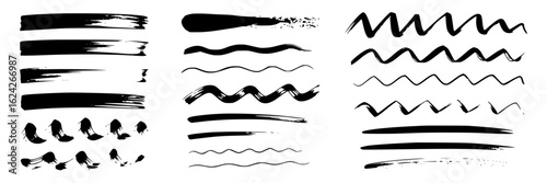 Hand-drawn brush stroke collection. Black ink vector illustration set of lines, wavy lines, zigzags, scribbles, and grunge textures. Design elements isolated on white - marker, pen, or brush strokes. 