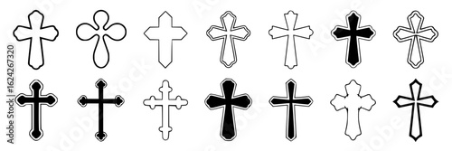 Set of twelve simple cross icons. Black and white vector illustration collection. Various cross shapes, including outlines and solid fills. Religious symbols, Christian iconography, design elements fo
