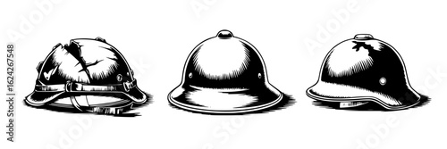 Set of three vintage military helmets. Ink drawing illustration of broken, intact, and damaged helmets in monochrome style. Retro war and history concept with Stahlhelm and pith helmets, vector graphi