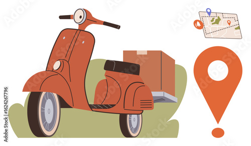 Orange scooter carrying parcel, map with location pins, and a location marker. Ideal for delivery, logistics, transportation, online shopping, route planning local services and mobility. Simple