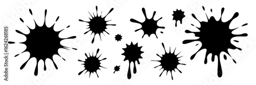 Black ink splatters, blots, and splashes. Vector illustration collection of monochrome, hand-drawn inkblot graphics isolated on white. Design elements set for grunge, messy, or paint effects.