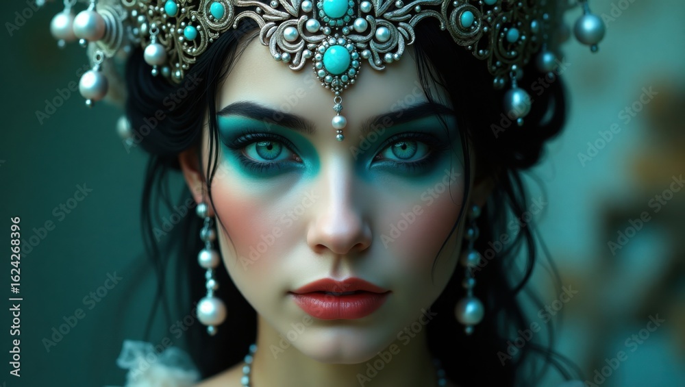 Fototapeta premium Majestic Regal Woman Adorned with Turquoise and Pearls Exuding Enchanting Aura