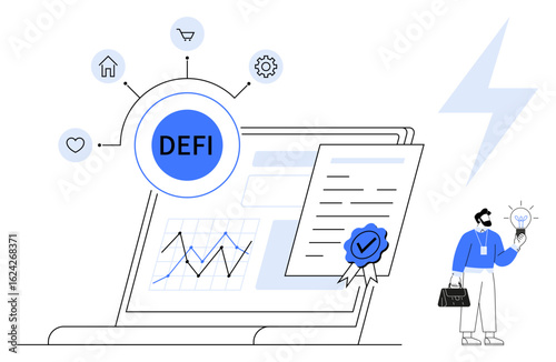 Laptop screen with financial charts, DeFi concept bubble, smart contract, and user analyzing token. Ideal for blockchain, fintech, innovation, digital economy, data visualization crypto simple flat