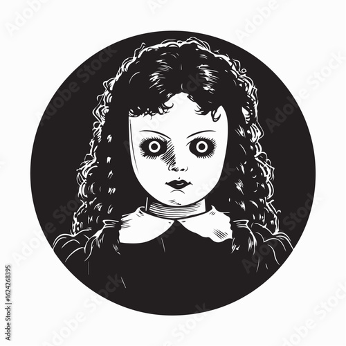 Creepy Human-Like Doll with Piercing Eyes Vector Illustration on white background.