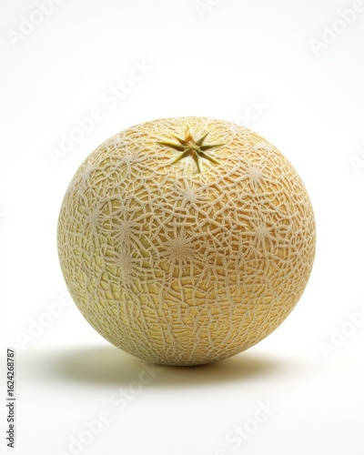Fresh Ripe Cantaloupe Melon with Intricate Textured Skin on White Background