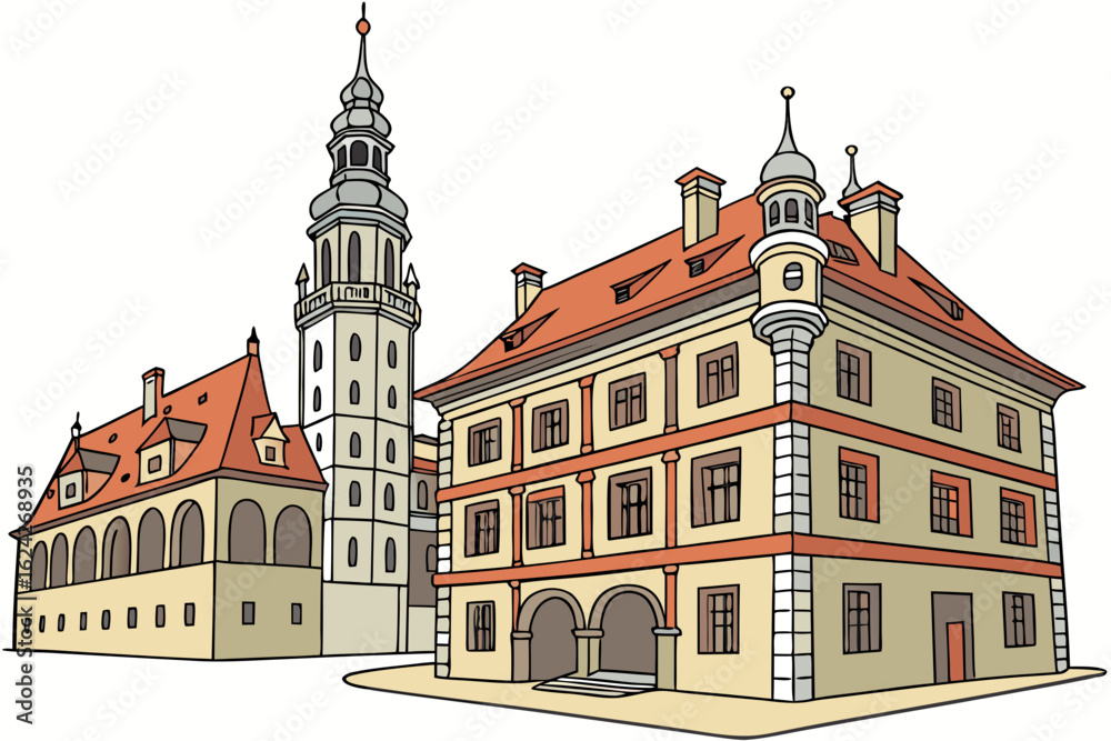 Obraz premium Capture the ornate architecture of Cesky Krumlov in Czechia, modern flat illustration style
