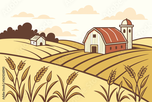 Capture the rustic barns nestled between golden cornfields in Wisconsin, United States, modern flat illustration style