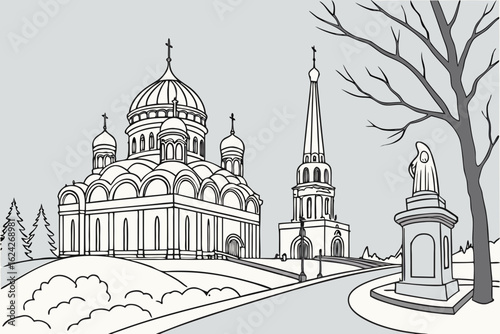 Carve ice sculptures in a winter park in Russia, modern flat illustration style