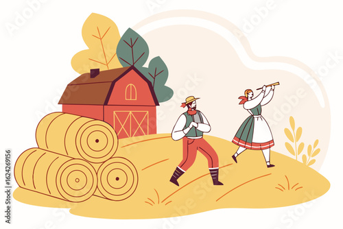 Celebrate the harvest season in Belarus with hay bales and folk dances, modern flat illustration style