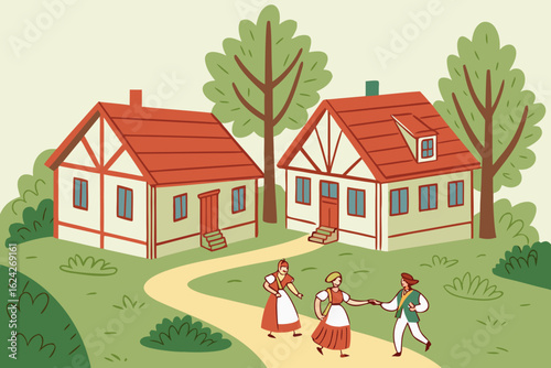 Celebrate Scandinavian heritage festivals in small Minnesota towns, modern flat illustration style