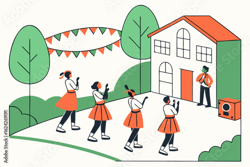 Celebrate traditional Irish dance performances in a village square in Northern Ireland, children clapping along, modern flat illustration style