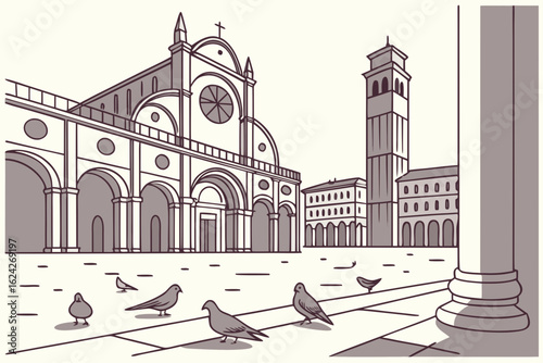 Chase pigeons through a cathedral square in Italy, modern flat illustration style