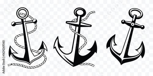 Set of Three Nautical Anchors with Ropes in Black and White Illustration for Maritime Theme Design