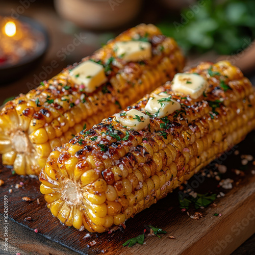 Grilled corn on cutting board with chili sauce bowl.