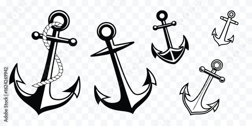 Collection of Vintage Anchor Designs in Black and White Perfect for Nautical Themes and Maritime Concepts Illustrations