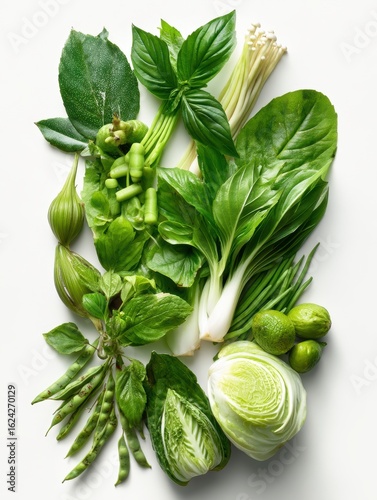 Assorted Fresh Green Vegetables and Herbs Arranged Neatly on Clean White Background