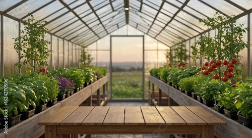 Serene Greenhouse Interior with Lush Plants and Vibrant Tomatoes Bathed in Warm Sunset Light