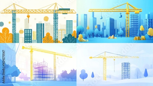 Four illustrations of construction sites with cranes and abstract buildings
