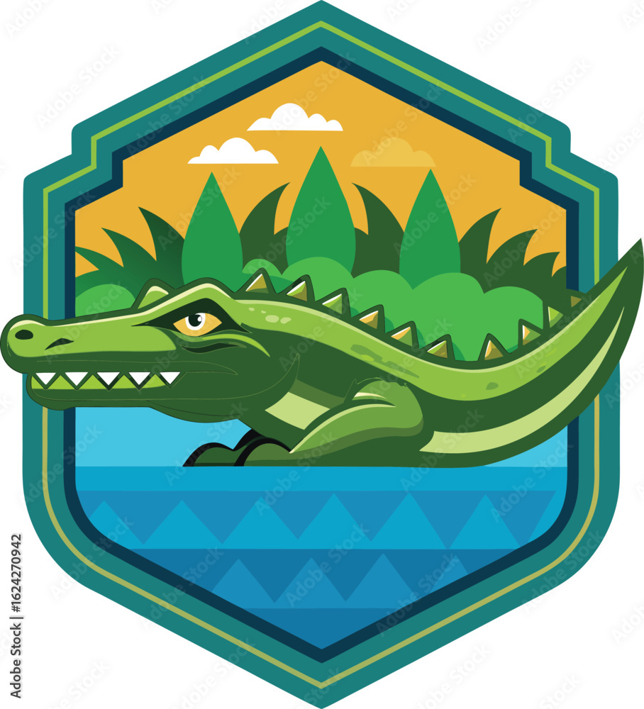 Obraz premium swamp crocodile in water badge clean white background