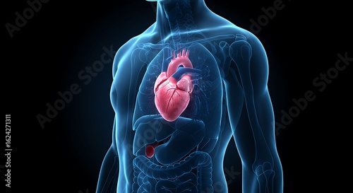 Digital illustration of the human chest and abdomen, emphasizing the vital importance of the heart.

