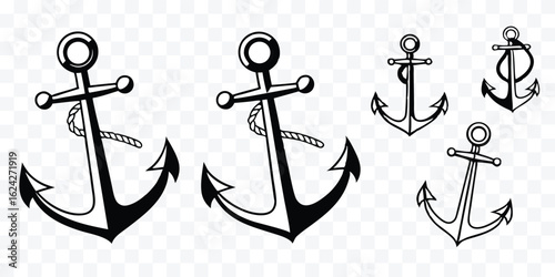 Nautical Anchor Vector Illustration Set Black and White Graphic Marine Symbols for Logo Design and Maritime Decoration Elements