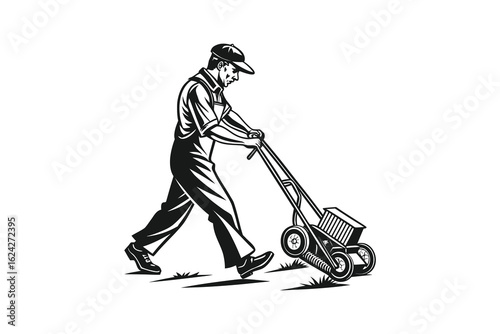 A man in overalls and a cap pushing a tiller in a walking silhouette isolated on white background