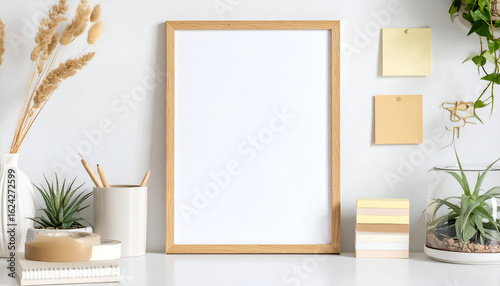 Modern Home Office Workspace with Blank White Poster Frame Mockup
