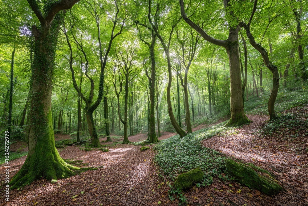 Naklejka premium Sunlight filters through a lush, verdant forest, illuminating the pathway
