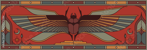sacred Scarab egypt culture wall art design. beetle with wings Vector illustration logo, personifying the god Khepri. Symbol of the ancient Egyptians

