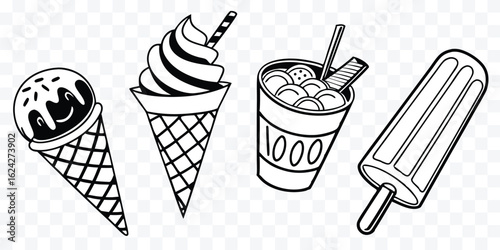 Delicious ice cream cone sundae and popsicle in black and white outline vector drawing summertime treats and desserts simple illustration for design