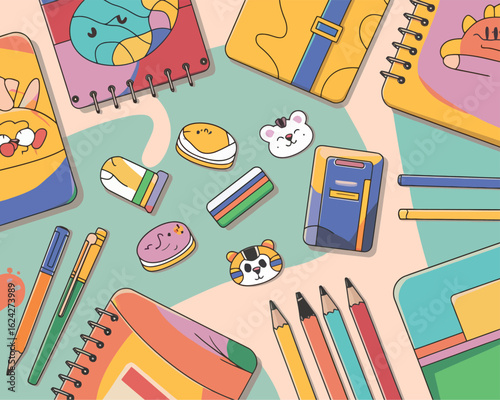 Vector Concept of Back to School in Flat Lay View with School Items