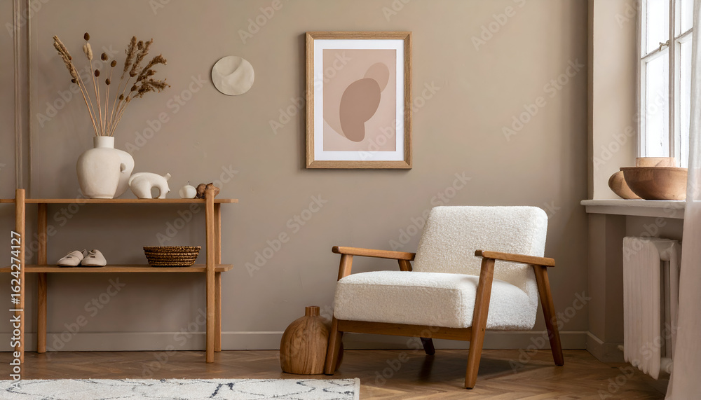 Obraz premium Modern Living Room Interior with Beige Walls and Wooden Furniture