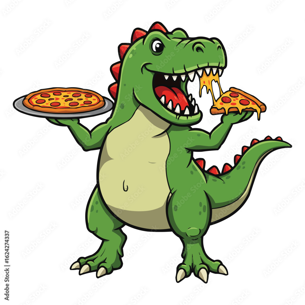 Fototapeta premium Happy Cartoon Dinosaur Eating and Serving Pizza