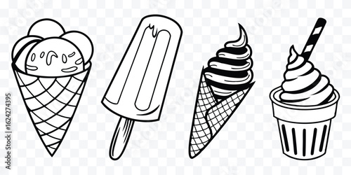 Black and White Ice Cream and Popsicle Illustration for Summer Designs and Coloring Pages Creative Dessert Confections Collection