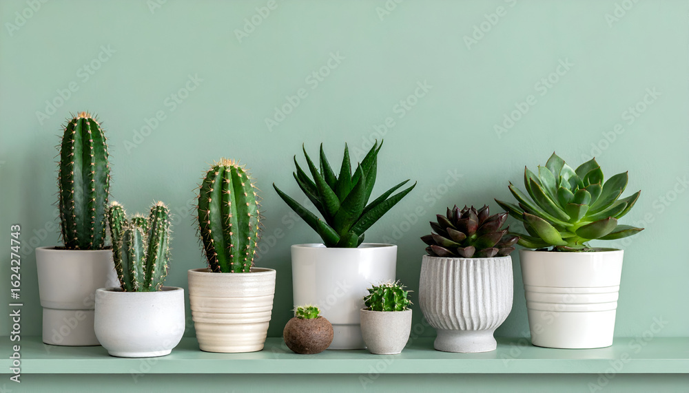 Fototapeta premium Stylish Cactus and Succulent Arrangement on a Shelf