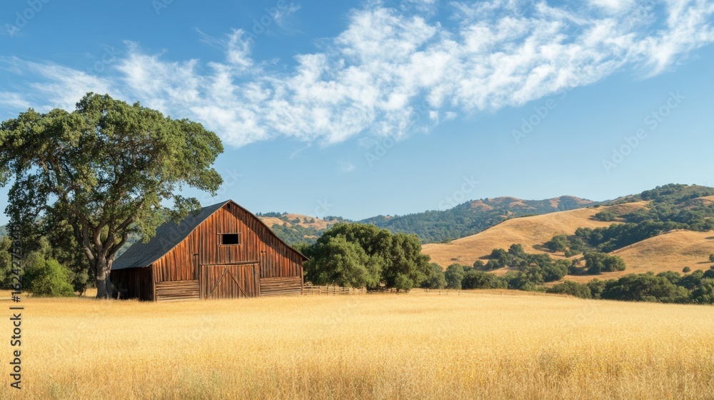 Obraz premium Serene countryside landscape with barn and hills