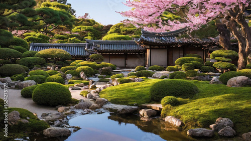 Peaceful sakura garden with cherry blossoms in full bloom, traditional Japanese architecture, and a Zen garden with raked gravel. A harmonious blend of nature, culture, and minimalist beauty.

