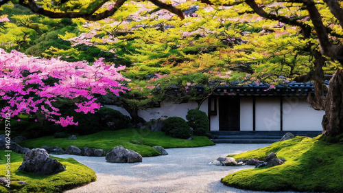 Peaceful sakura garden with cherry blossoms in full bloom, traditional Japanese architecture, and a Zen garden with raked gravel. A harmonious blend of nature, culture, and minimalist beauty.

