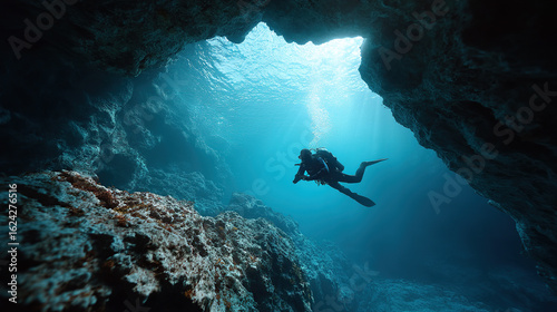 Scuba diver swimming through deep underwater cave with dramatic light and textures