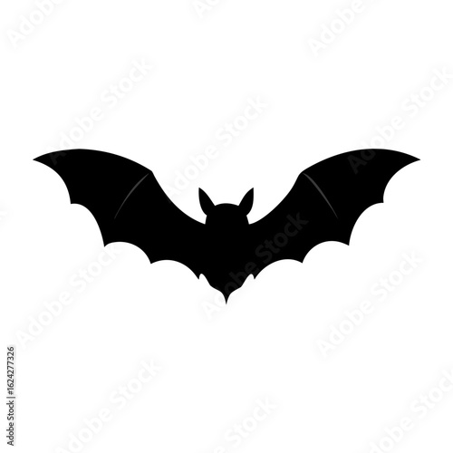 Black bat silhouette with spread wings isolated on white background