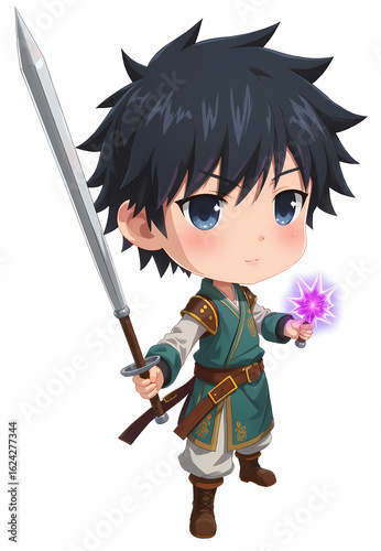 Chibi Anime Swordsman with Magic Orb