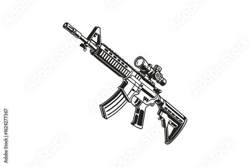 Detailed silhouette of an assault rifle with a scope presented isolated on white background