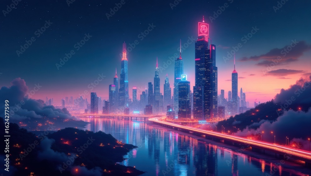 Fototapeta premium Futuristic Neon Cityscape with Glowing Water Reflections