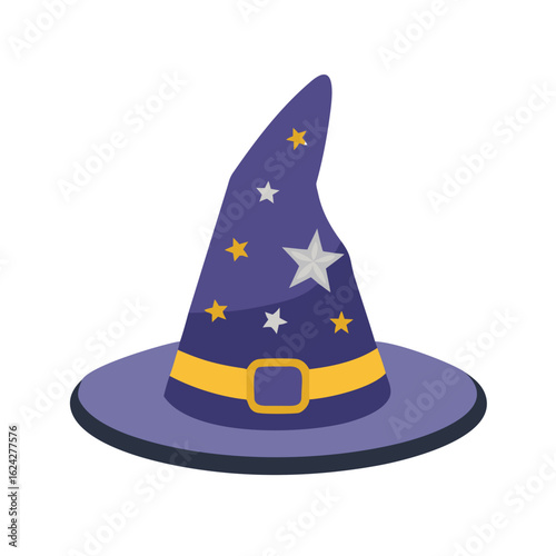 Stylish witch hat with stars and buckle isolated on white background