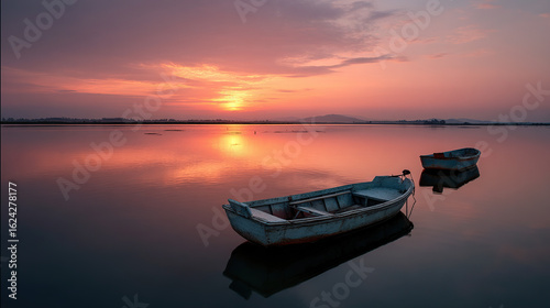 Old rowboat floating on still lake at sunset with soft reflections and pastel sky