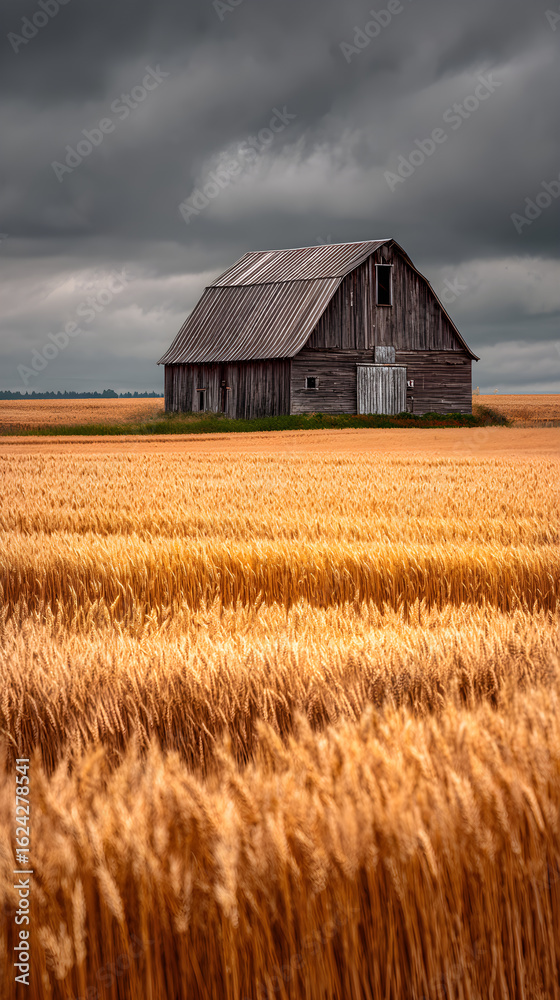 Serenity in the Countryside: A Picturesque Barn Nestled within a Vibrant Golden Wheat Field Capturing the Essence of Rural Tranquility at Dusk Serenity in the Countryside: A Picturesque Barn Nestled within a Vibrant Golden Wheat Field Capturing the Essence of Rural Tranquility at Dusk